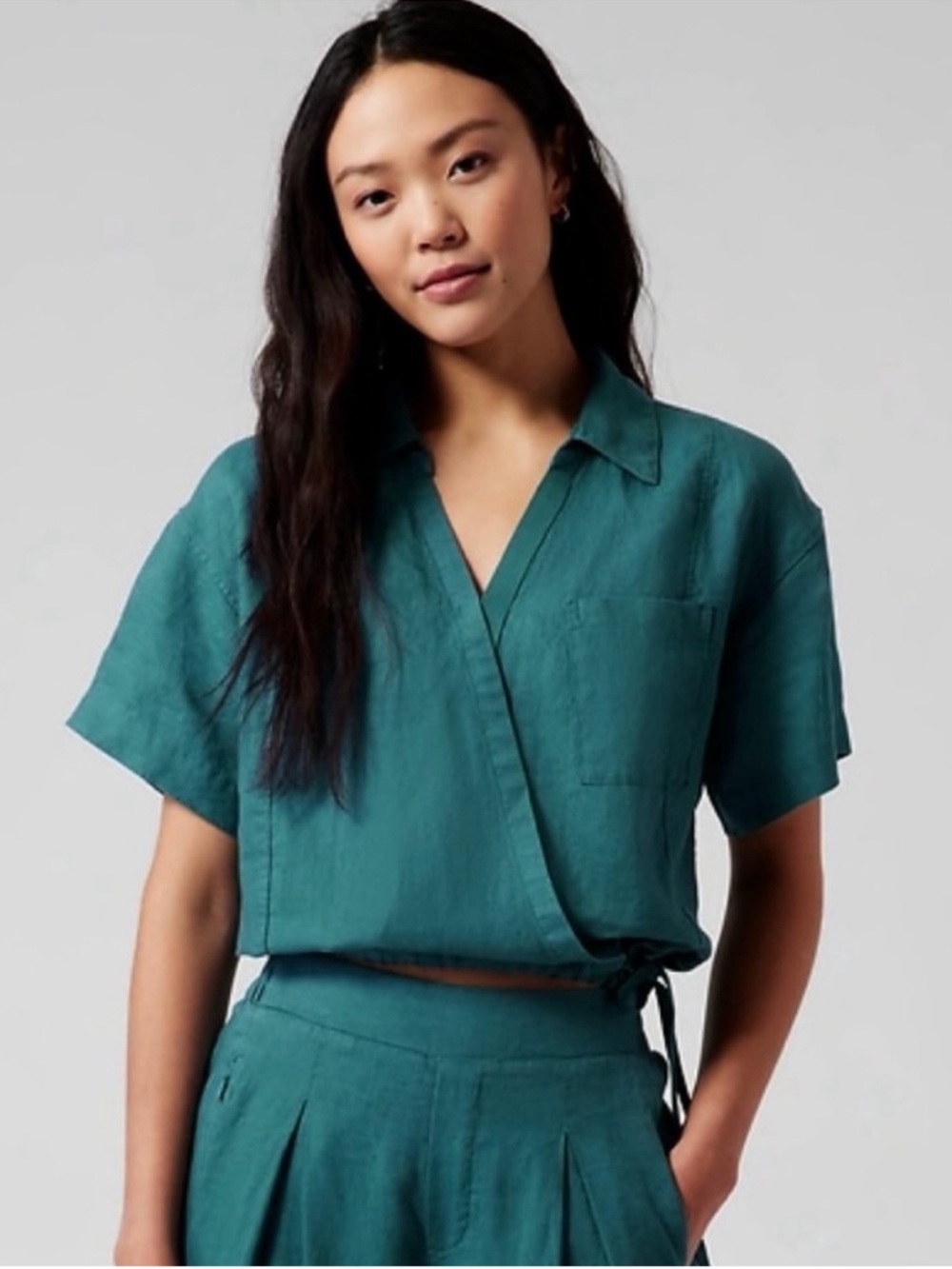 Athleta Teal Wrap-Front Short Sleeve Blouse